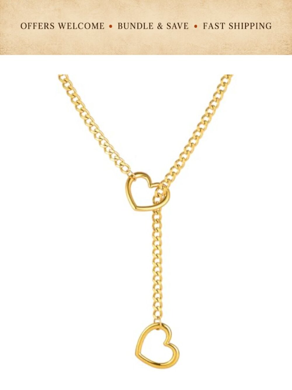 Stainless Steel Cuban Chain Heart O-Ring Lariat Necklace Adjustable